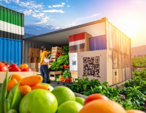 Indian exporter and Middle Eastern importer inspecting QR-coded fresh produce boxes inside a temperature-controlled logistics warehouse, representing traceable and sustainable food exports from India.