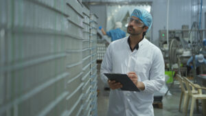 Exporter conducting supplier audit by checking temperature and hygiene of produce in cold storage.
