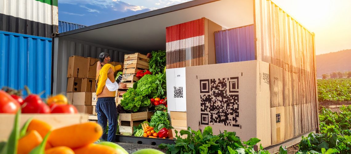 Indian exporter and Middle Eastern importer inspecting QR-coded fresh produce boxes inside a temperature-controlled logistics warehouse, representing traceable and sustainable food exports from India.